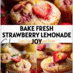 Golden Strawberry Lemonade Sourdough Muffins topped with fresh berries and zest on a white plate.